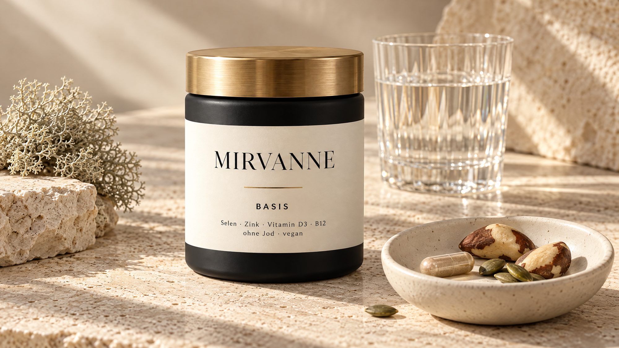 Mirvanne Basis auf Travertin neben einer Schale mit einer Kapsel, Paranüssen, Kürbiskernen und Flechte