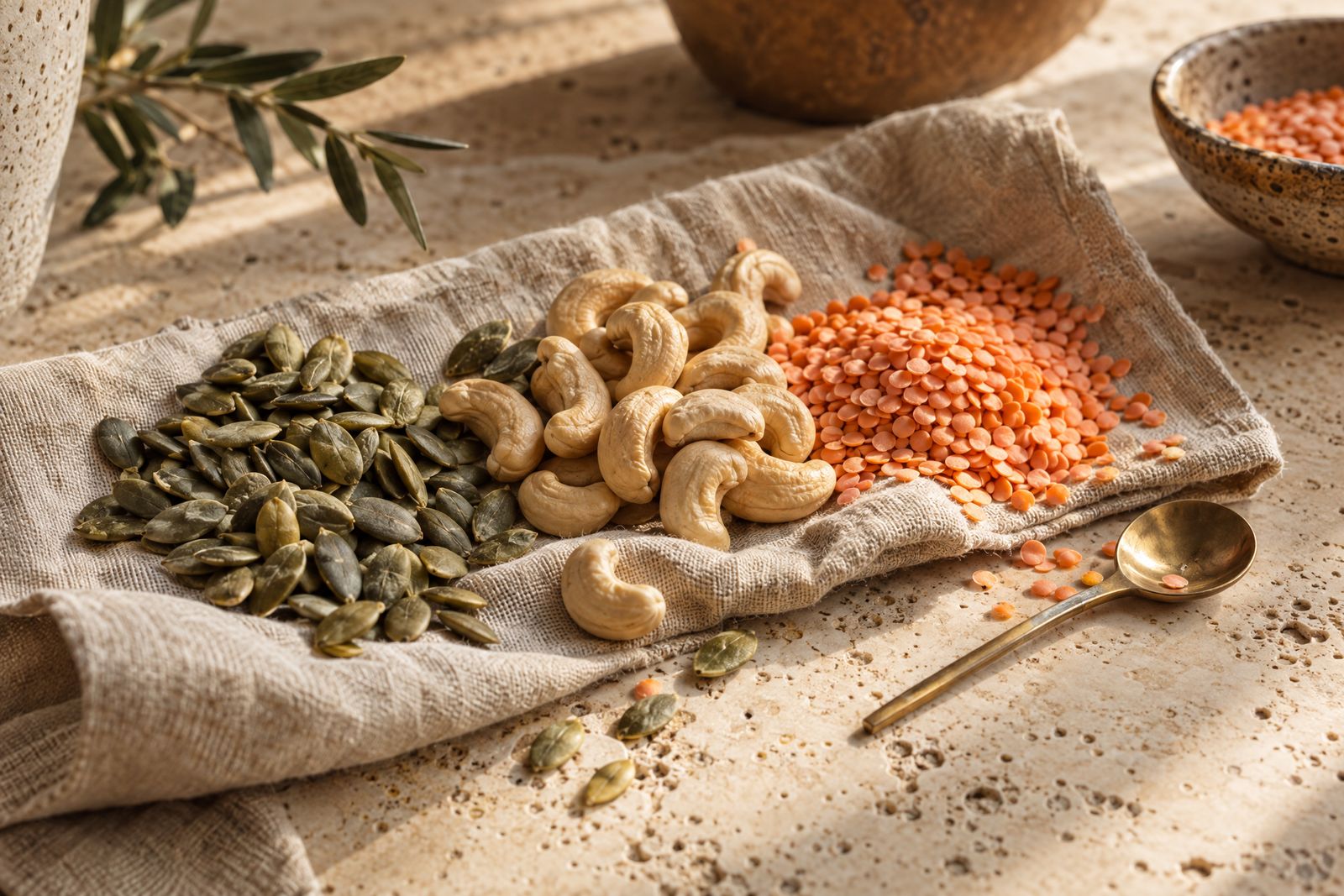 Kürbiskerne, Cashews und rote Linsen auf Leinen – zinkhaltige Lebensmittel
