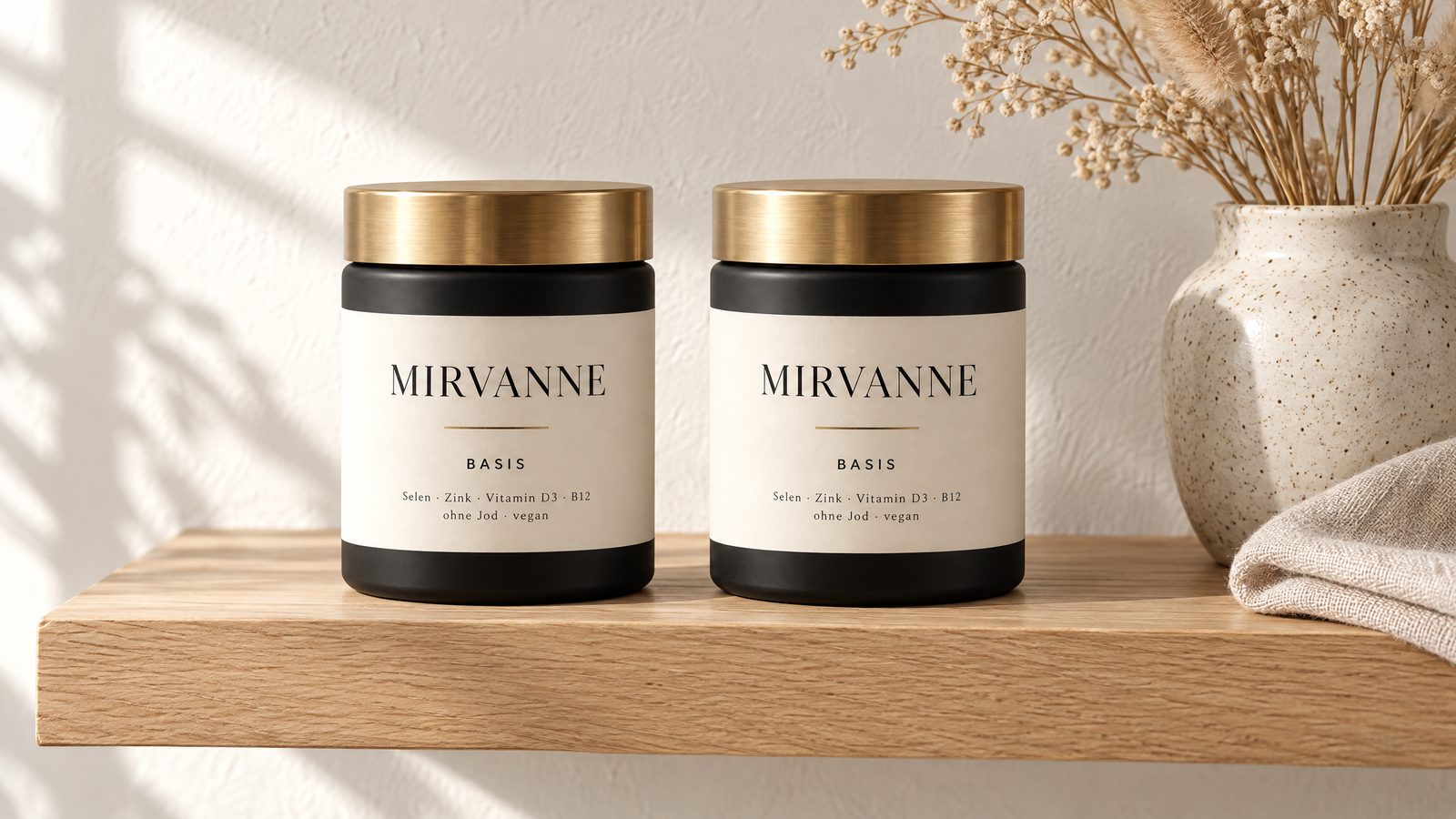Zwei Mirvanne-Dosen auf einem hellen Holzregal vor einer Wand in Ivory, daneben eine Keramiktasse und ein Leinentuch